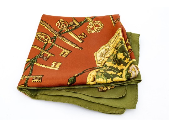 Hermes Classic Key Motif Green And Brown Toned Silk Scarf, With Box