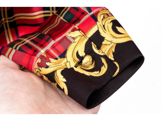 Escada Vintage Red, Black And Gold Scottish Plaid Silk Blouse, Size 40