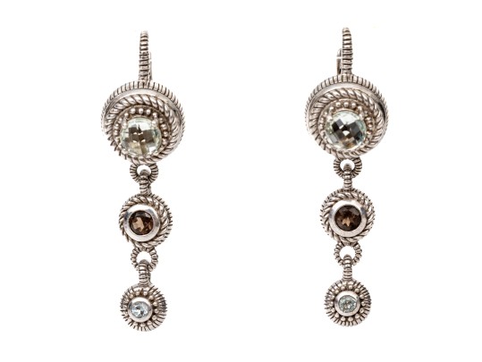 Judith Ripka Sterling Silver Lovely Prasiolite And Blue Topaz Graduated Stacked Earrings