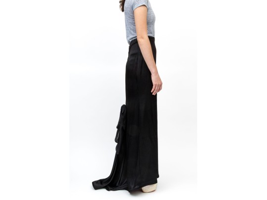 Spectacular Vintage Handmade Floor Length Black Satin Skirt, With A Bow Adorned Back