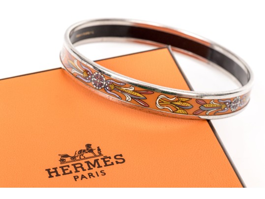 Hermès Orange, Grey And Brown Toned Slip On Bangle Bracelet, With Box