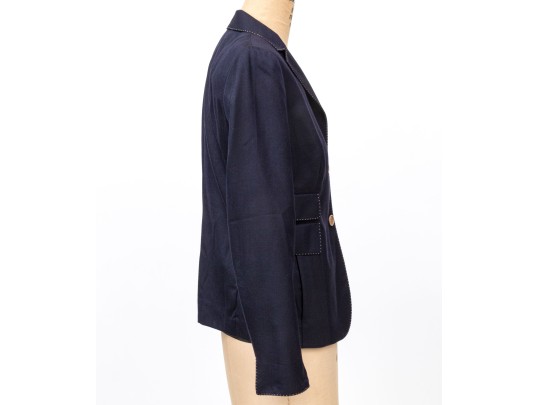 Akris Blue And Tan Trimmed Collared Blazer, Size 10