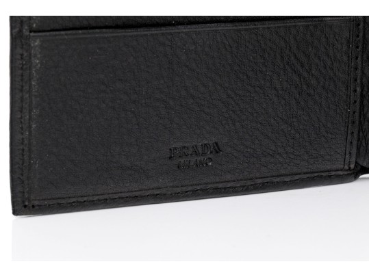 Prada Handsome Black Leather Billfold And Credit Card Holder, With Box
