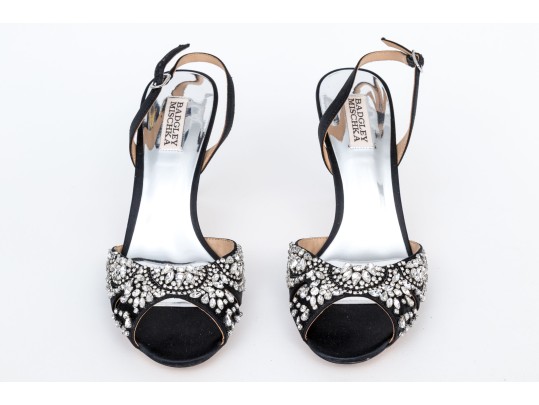Badgley Mischka Stunning Black Satin And Rhinestone Peep Toe Stiletto Slingbacks, Size 10