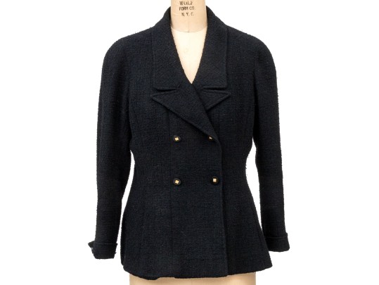 Chanel Boutique Vintage Black Wool And Silk Boucle Jacket And Skirt Suit, Size 44