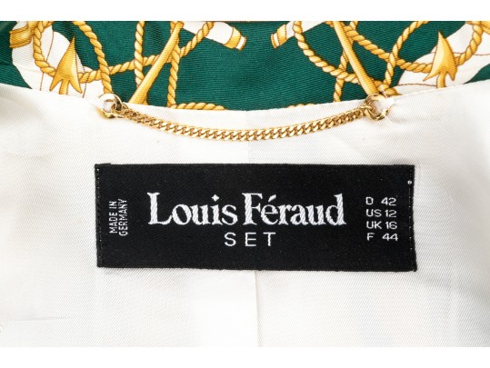 Louis Feraud Fabulous Green, Gold And White Ornate Silk Blazer, Size 12