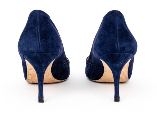 Manolo Blahnik Lattice Edged Blue Suede Pumps, Size 41 1/2