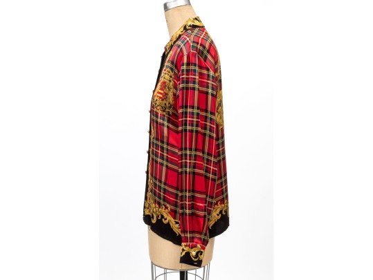 Escada Vintage Red, Black And Gold Scottish Plaid Silk Blouse, Size 40