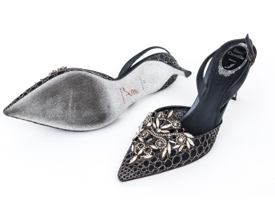 Rene Caovilla Stunning Black And Silver Rhinestone Slingbacks, Size 41, With Box