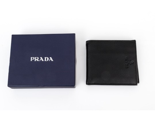 Prada Handsome Black Leather Billfold And Credit Card Holder, With Box