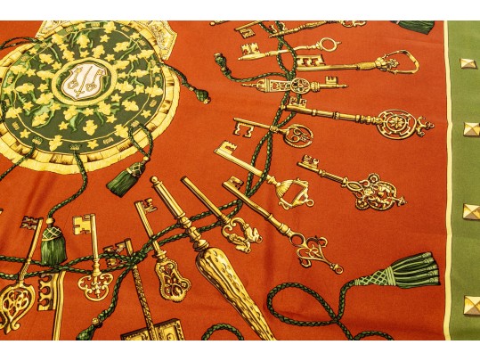 Hermes Classic Key Motif Green And Brown Toned Silk Scarf, With Box