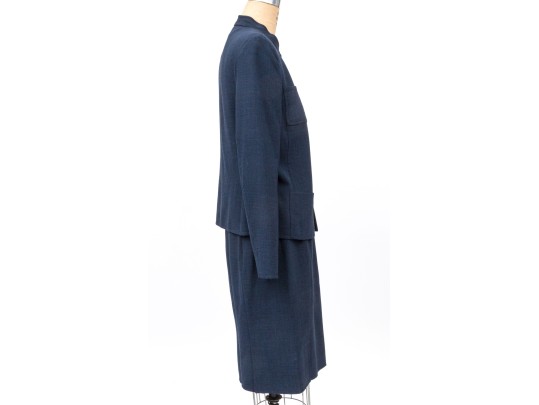 Akris Blackish Blue Wool Mandarin Collared Skirt Suit, Size 10
