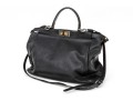Fendi Extra Large Black Leather Twist Lock Top Handle Bag, With Strap