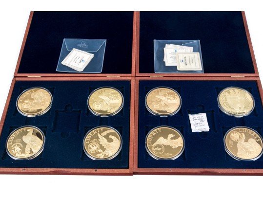 Eight U.S. Commemorative Gilt Silver Plated Coins In Two Cases