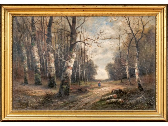 Antique Signed Oil On Canvas, Autumnal Forest Landscape Scene