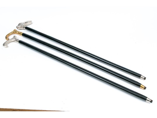 Three Vintage Walking Sticks With Decorative Handles, Including A Rabbit 