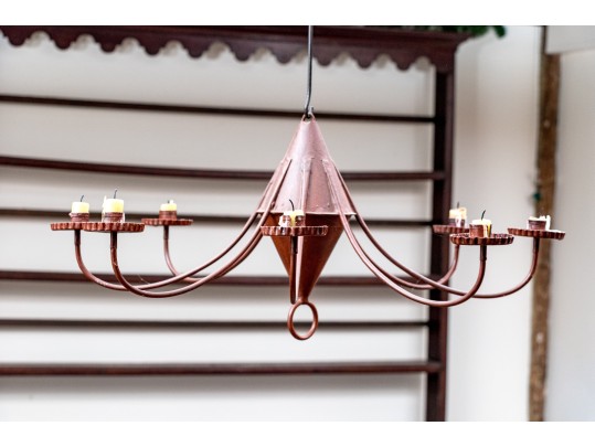 Colonial Style Tole Iron Eight Light Chandelier Attributed To Likely Gates Moore