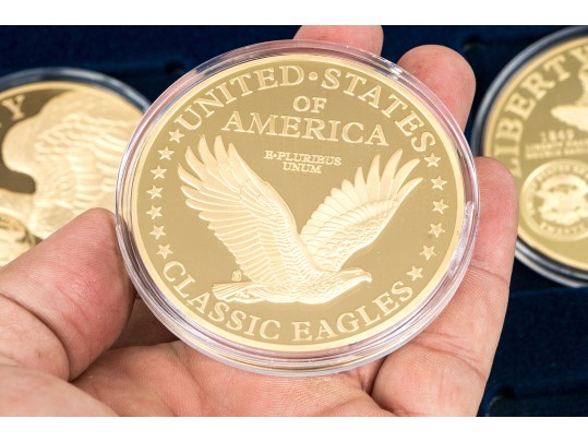 Eight U.S. Commemorative Gilt Silver Plated Coins In Two Cases
