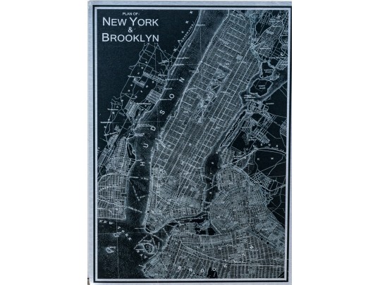 Etched Print On Metal, Antique Plan Of New York And Brooklyn