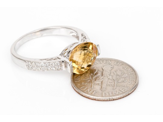 14k White Gold Pretty Contemporary Citrine And Diamond Ring, Size 7+