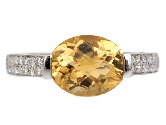 14k White Gold Pretty Contemporary Citrine And Diamond Ring, Size 7+