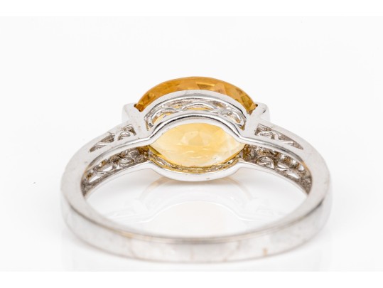 14k White Gold Pretty Contemporary Citrine And Diamond Ring, Size 7+