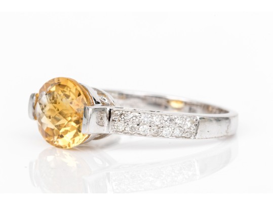 14k White Gold Pretty Contemporary Citrine And Diamond Ring, Size 7+