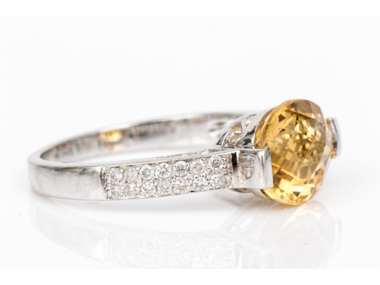 14k White Gold Pretty Contemporary Citrine And Diamond Ring, Size 7+