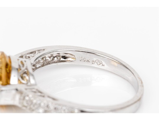 14k White Gold Pretty Contemporary Citrine And Diamond Ring, Size 7+