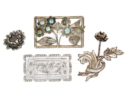 Sterling Silver Assorted Lot Of Lovely Floral Motif Brooches