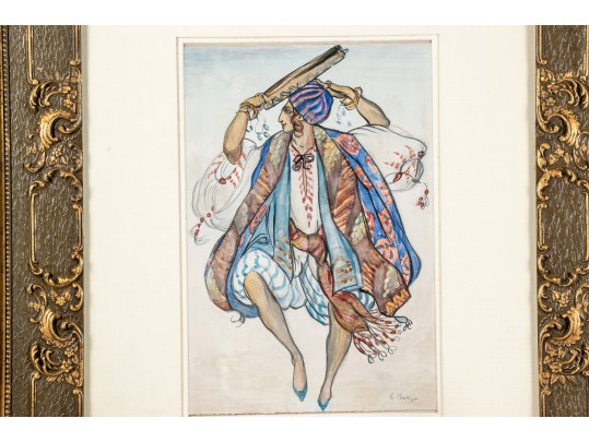 Attributed To: Leon Bakst (Russian, 1866-1924), Ink And Watercolor On Paper Card