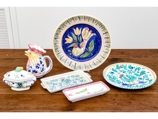 Variety Of Hand-Painted Ceramics, Including Deruta And Llamas