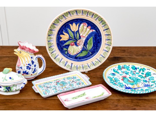 Variety Of Hand-Painted Ceramics, Including Deruta And Llamas