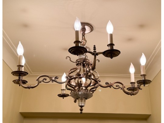 Iron, Brass, And Crystal Eight Light Chandelier