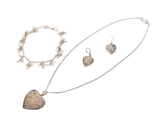 Sterling Silver Collection Of Heart Motif Jewelry Pieces