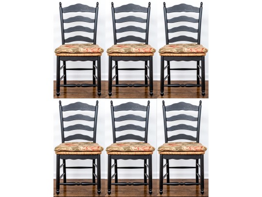 Set Of Six Painted And Turned French Country Ladder Back Side Chairs With Rush Seats
