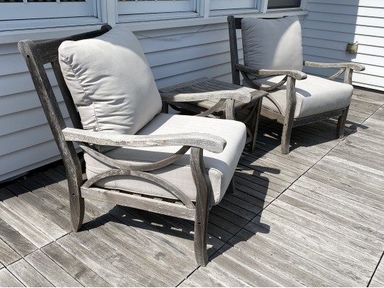 Pair Of Teak Armchairs With Cushions, With Teak Side Table