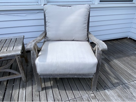 Pair Of Teak Armchairs With Cushions, With Teak Side Table