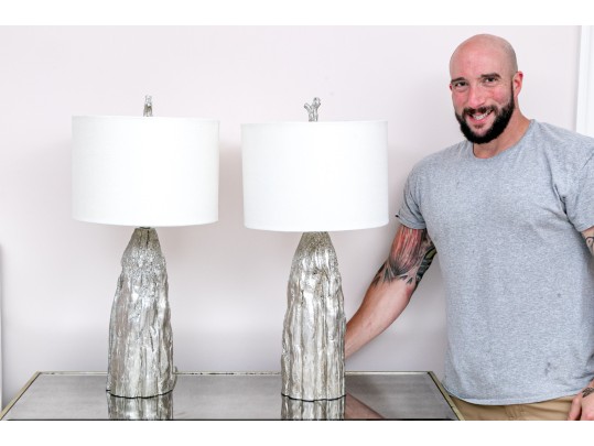 Chic Pair Of Silvered Faux Bois Table Lamps