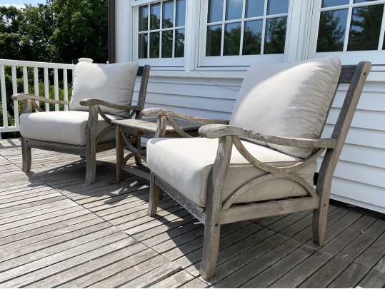 Pair Of Teak Armchairs With Cushions, With Teak Side Table