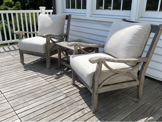 Pair Of Teak Armchairs With Cushions, With Teak Side Table