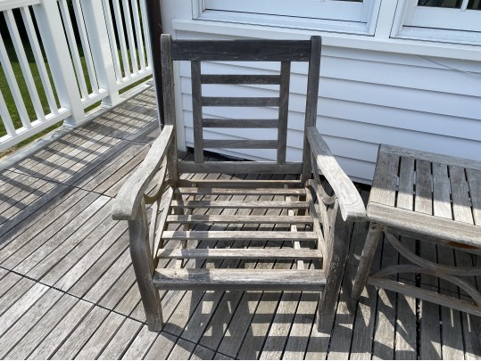 Pair Of Teak Armchairs With Cushions, With Teak Side Table