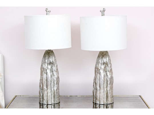 Chic Pair Of Silvered Faux Bois Table Lamps
