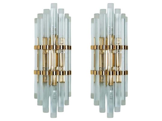 Pair Of Venini Style Murano Glass And Gilt Brass Sconces, 1960s–1970s