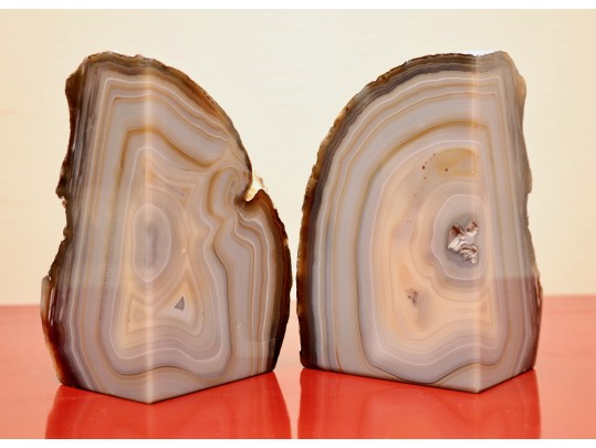Pair Of Natural Agate Bookends With Polished Interior And Raw Exterior