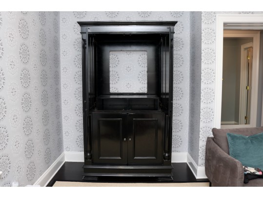 Black Lacquered Armoire With Retractable Doors And Hidden Storage Drawers