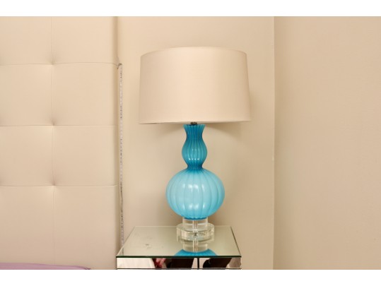 Pair Of Turquoise Ribbed Glass Lamps With Ivory Silky Drum Shades