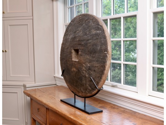 Southeast Asian Wooden Ox Cart Wheel On Custom Metal Stand