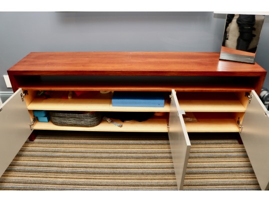 Modern Wood And Cream Matte Lacquer Media Console With Three Cabinet Doors