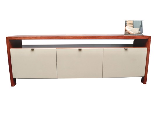 Modern Wood And Cream Matte Lacquer Media Console With Three Cabinet Doors
